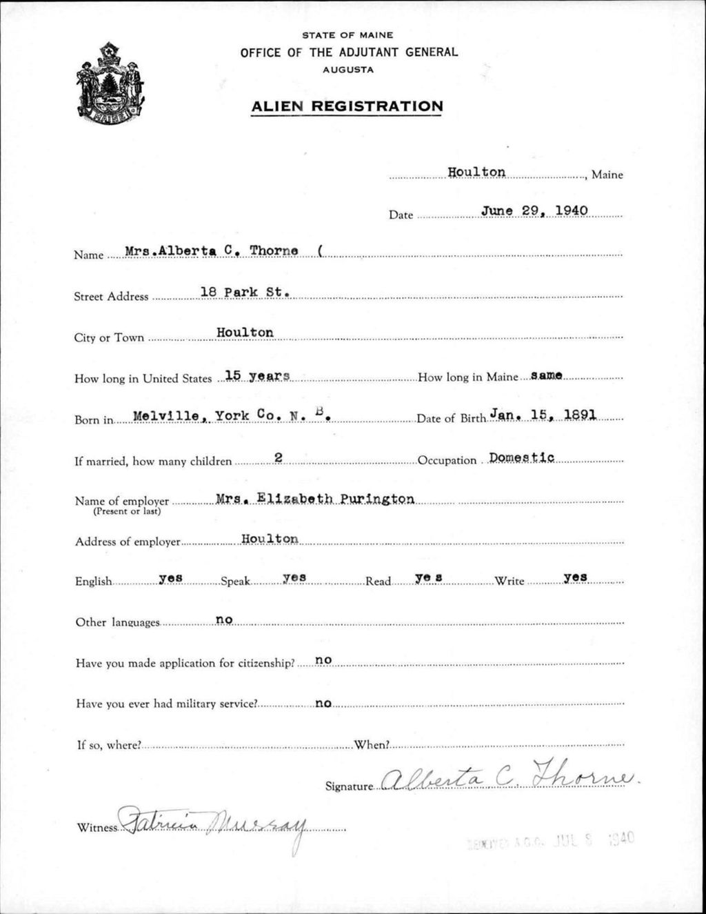 Miniature of Alien Registration- Thorne, Alberta C. (Houlton, Aroostook County)