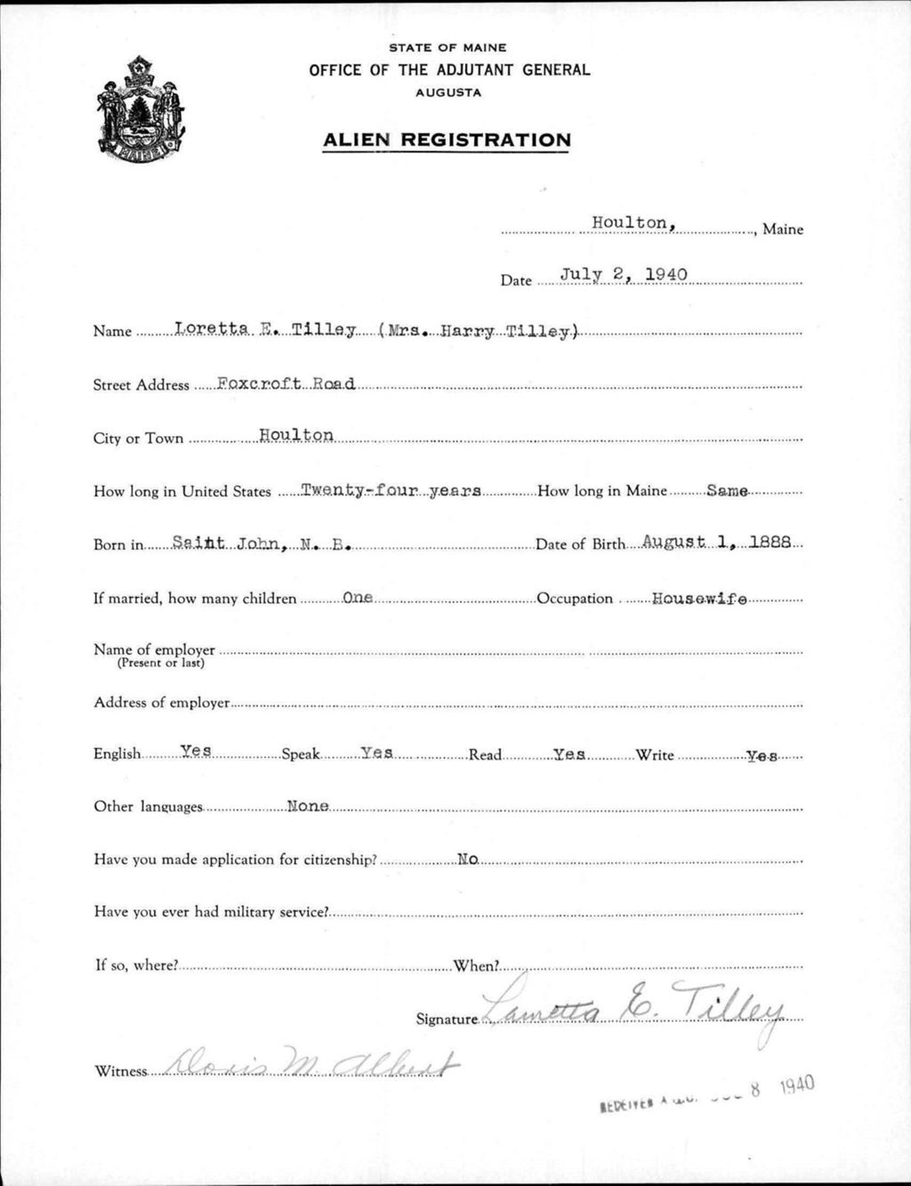 Miniature of Alien Registration- Tilley, Loretta E. (Houlton, Aroostook County)