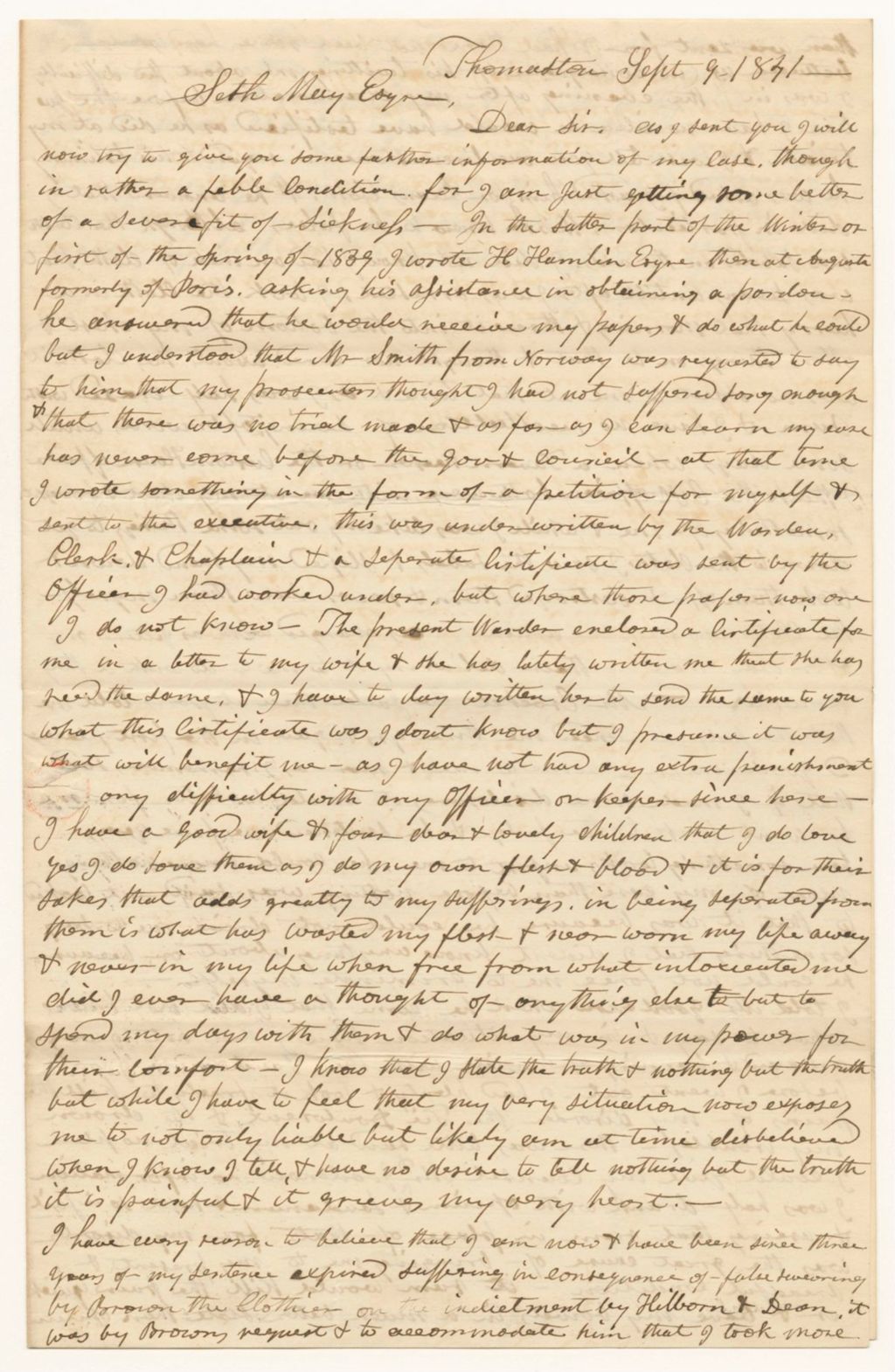 Miniature of Letter from Joseph Woodman to Seth May, Esq., providing further information on his case