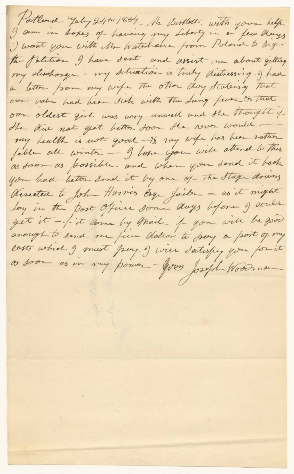 Miniature of Letter from Joseph Woodman to Ichabod Bartlett, requesting help with his petition for a pardon