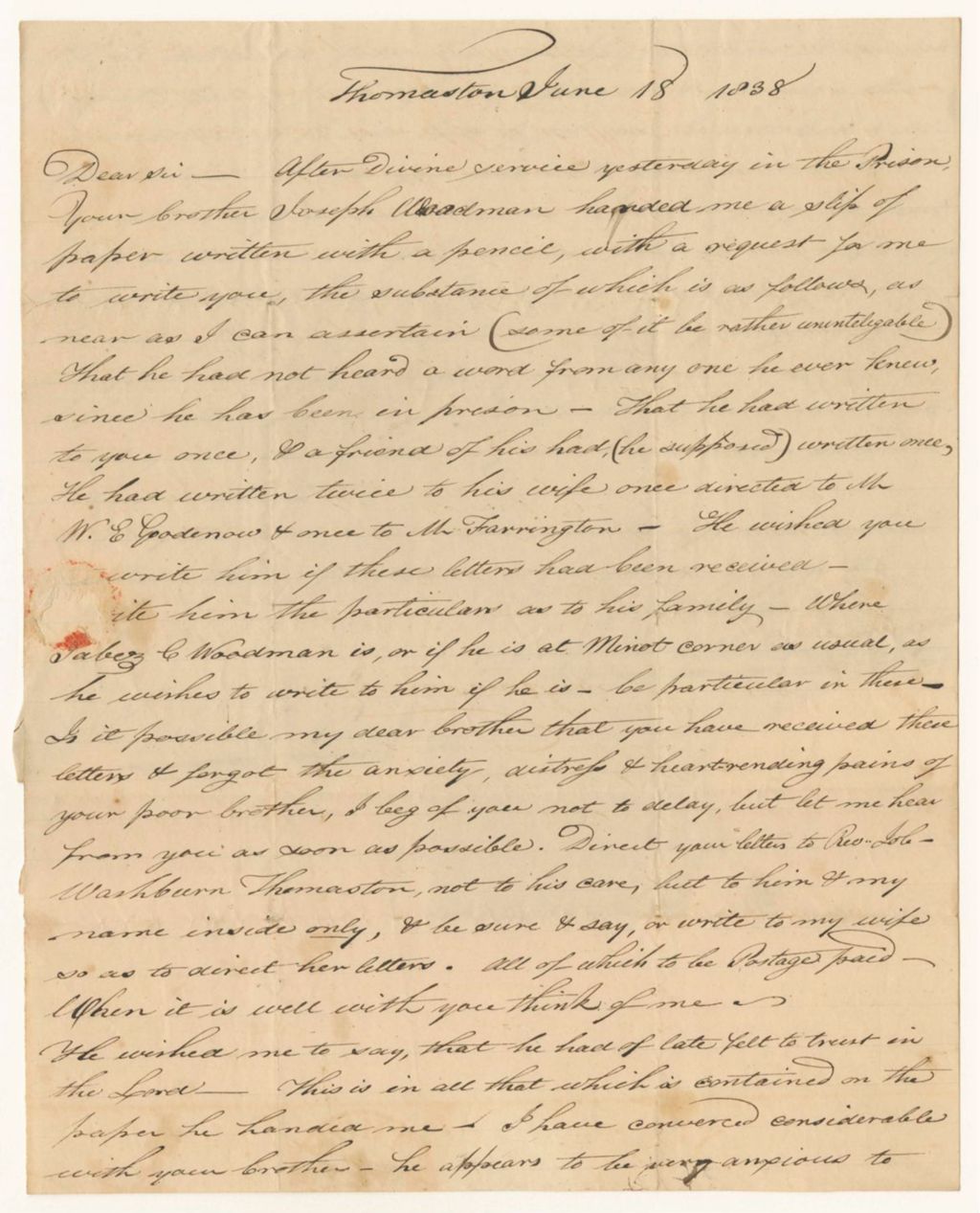Miniature of Letter from Job Washburn, Chaplain of the State Prison, to Ebenezer G. Woodman, on behalf of his brother Joseph Woodman, a convict in the State Prison