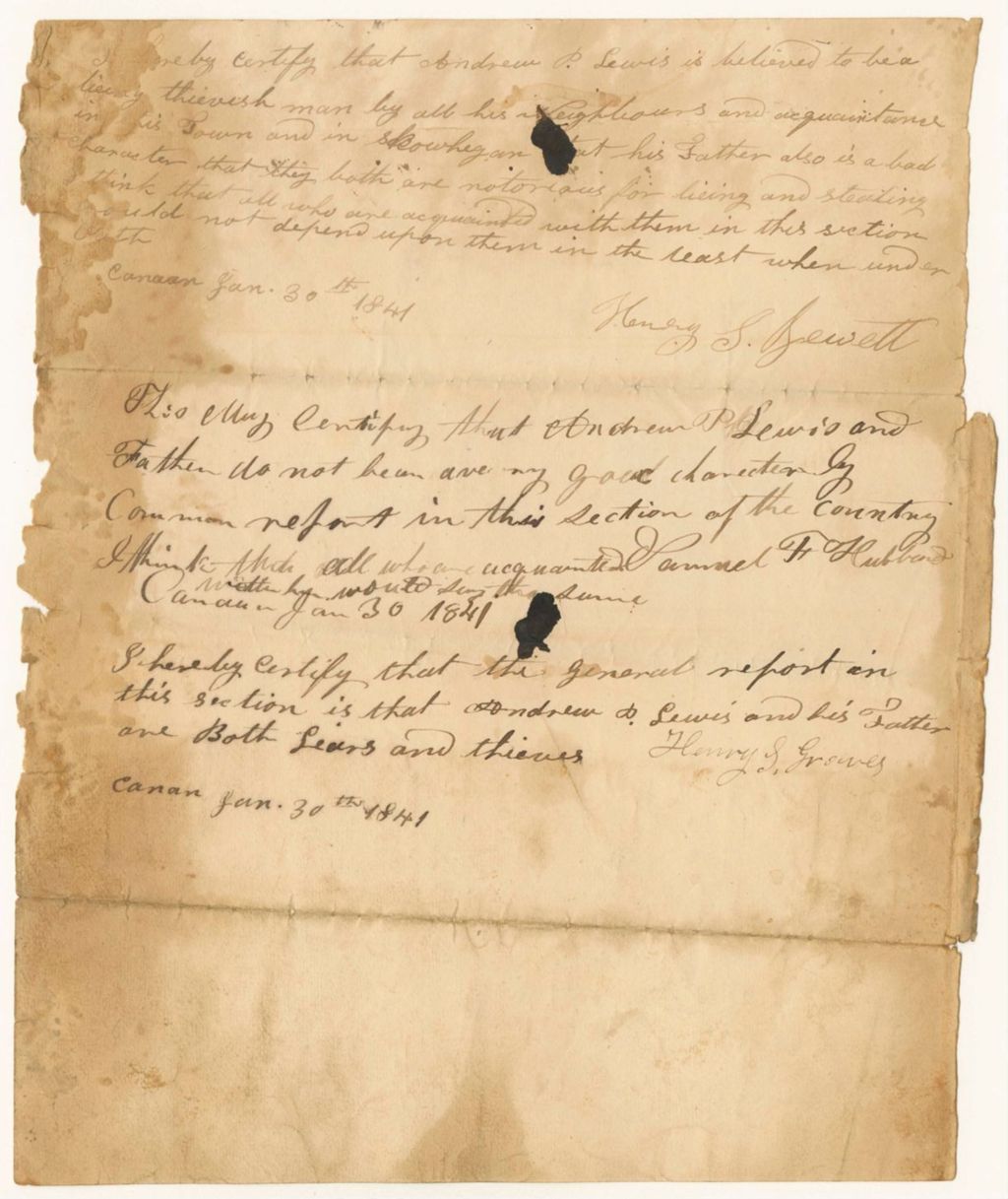 Miniature of Certificates of Henry S. Jewett and Henry S. Groves on the character of Andrew P. Lewis