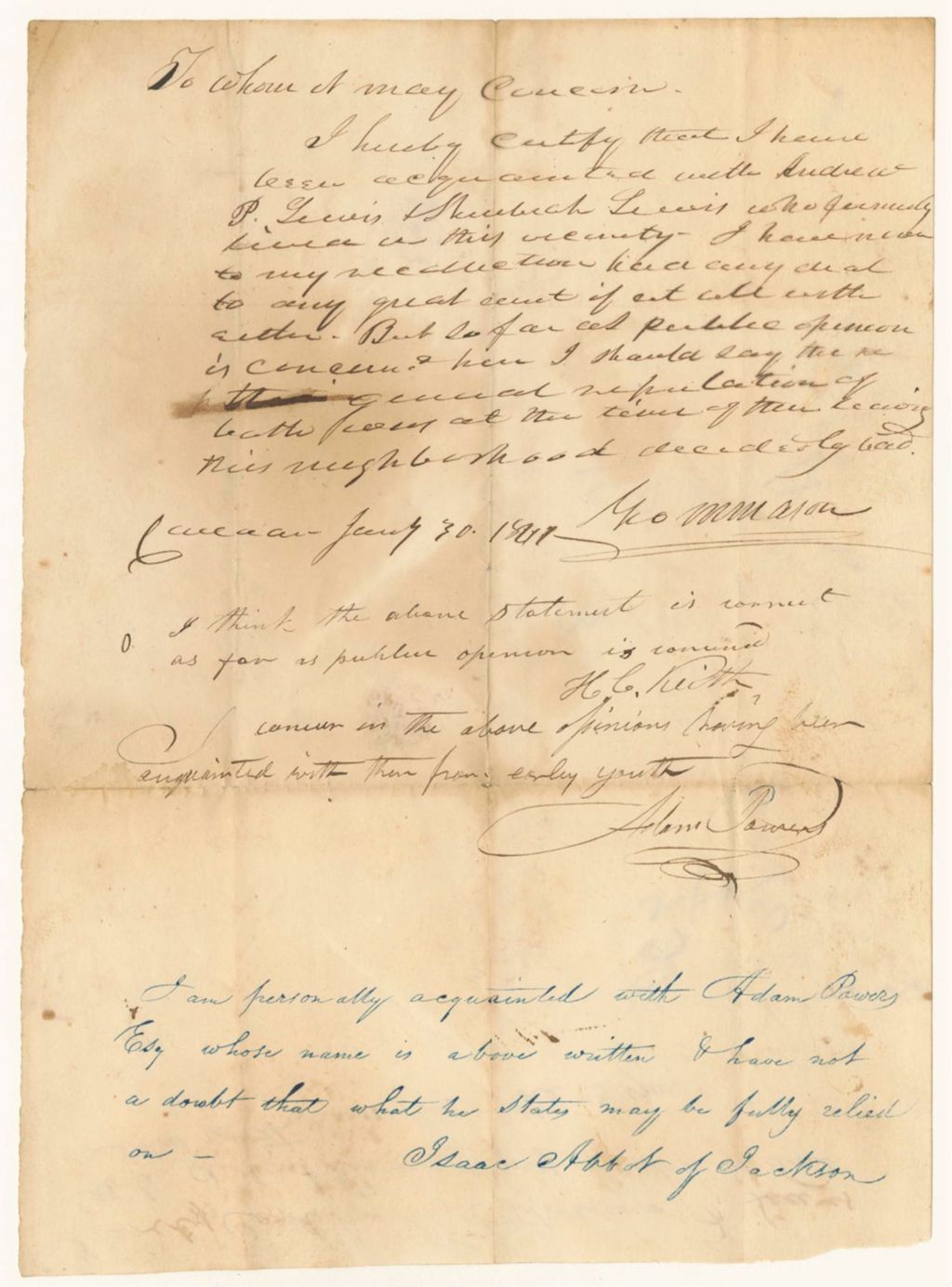 Miniature of Certificates of George M. Mason, H.C. Keith, Adam Powers, and Isaac Abbot on the character of Andrew P. Lewis
