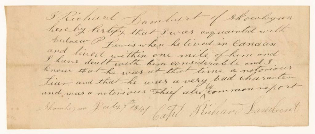 Miniature of Capt. Richard Lambert's certificate on the character of Andrew P. Lewis