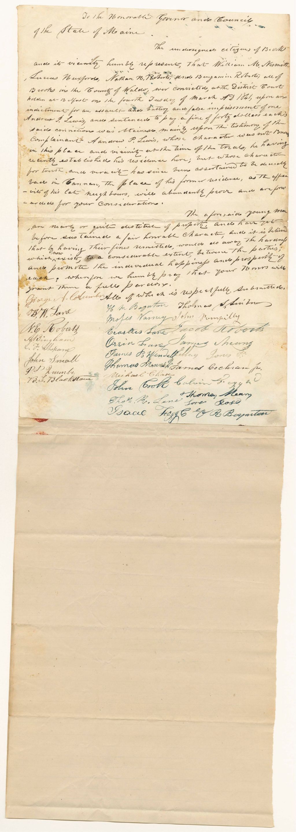 Miniature of Petition of citizens of Brooks for the pardons of William M. Nesmith, Lucius Huxford, Nathaniel H. Roberts, and Benjamin Roberts