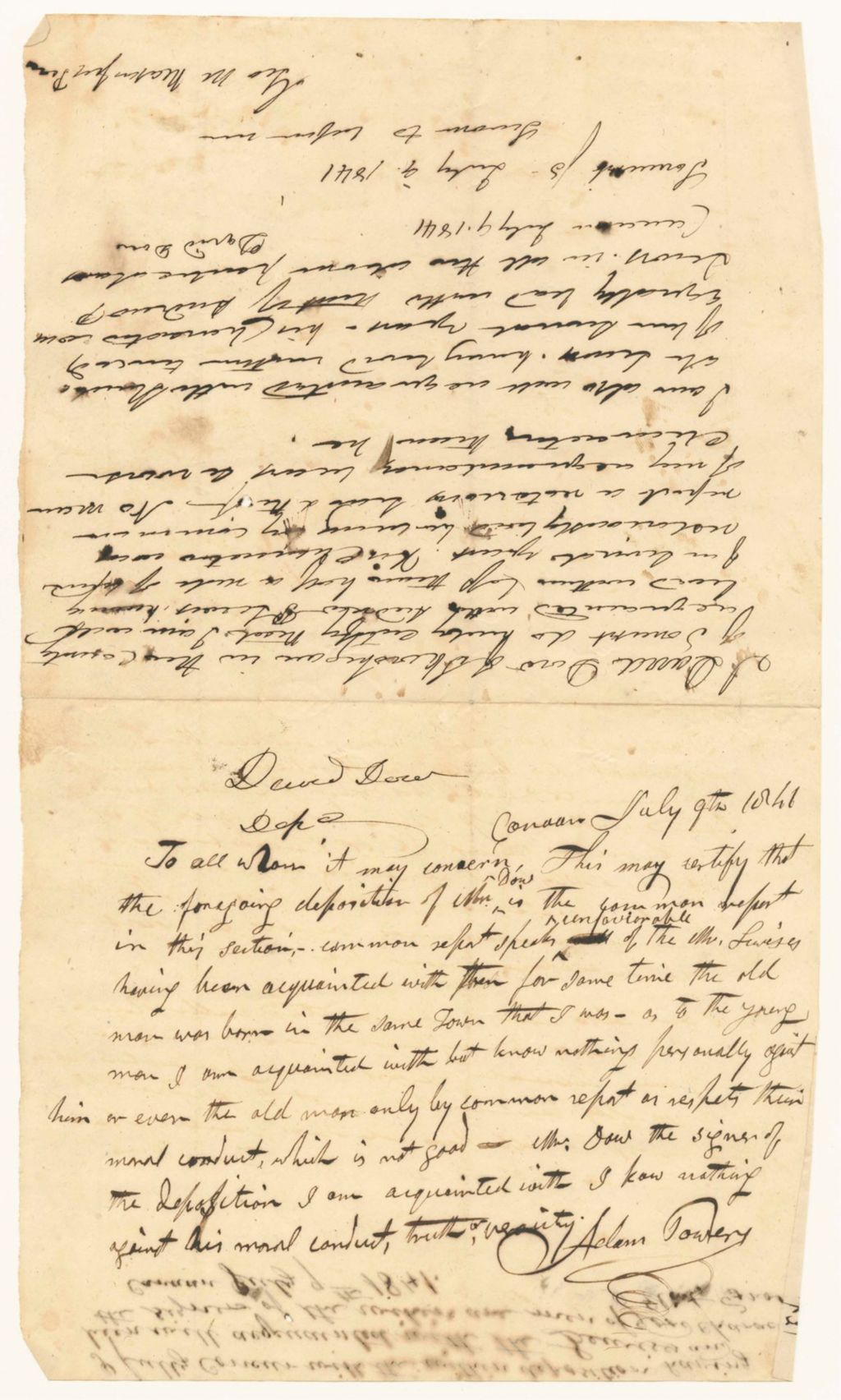 Miniature of Certificates of David Dow and Adam Powers on the character of Andrew P. Lewis