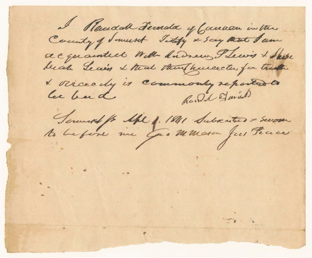 Miniature of Randall Fernald's certificate on the character of Andrew P. Lewis