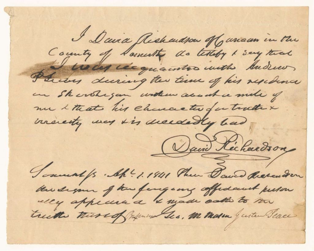 Miniature of David Richardson's affidavit on the character of Andrew P. Lewis during his residence in Skowhegan