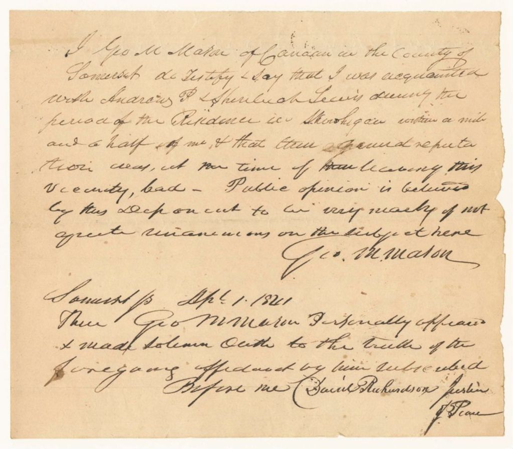 Miniature of George M. Mason's affidavit on the character of Andrew P. Lewis during his residence in Skowhegan