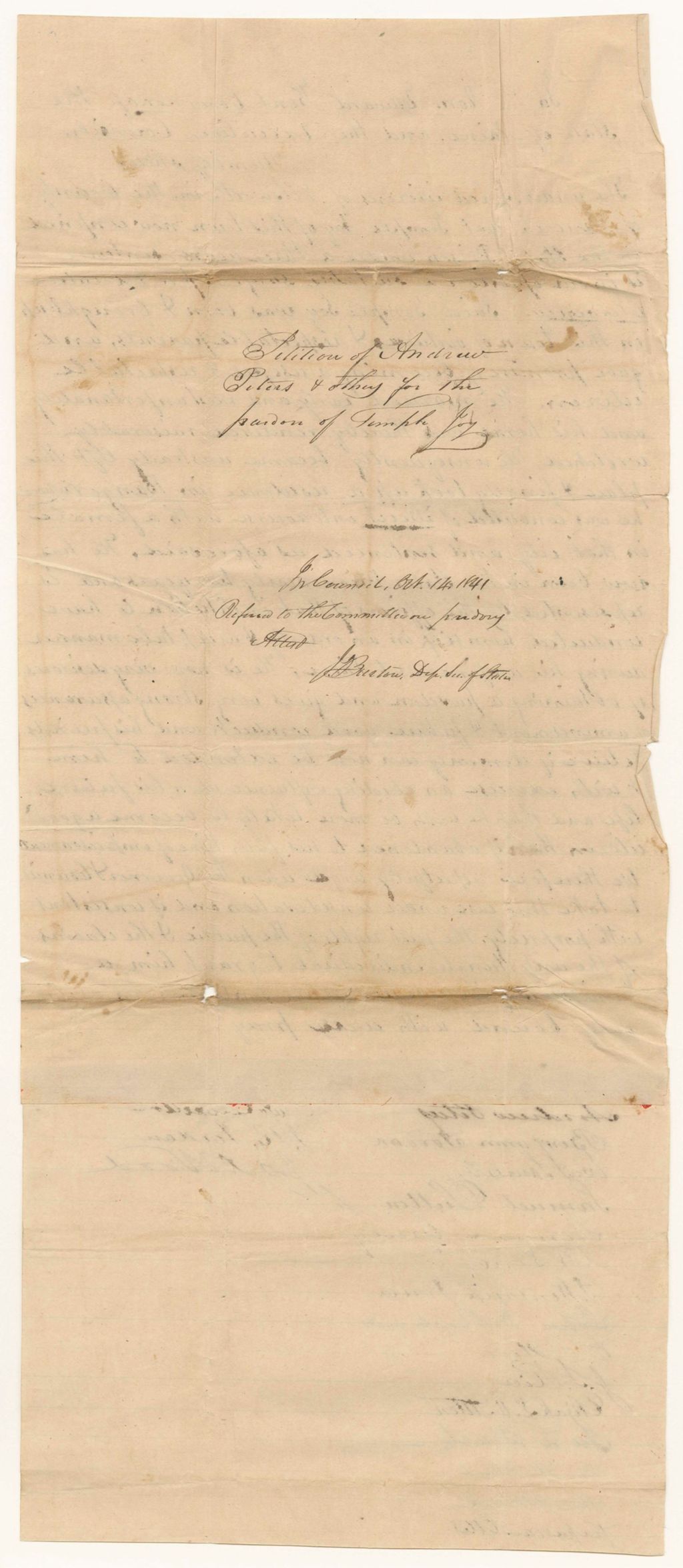 Miniature of Petition of Andrew Peters and others for the pardon of Temple Joy
