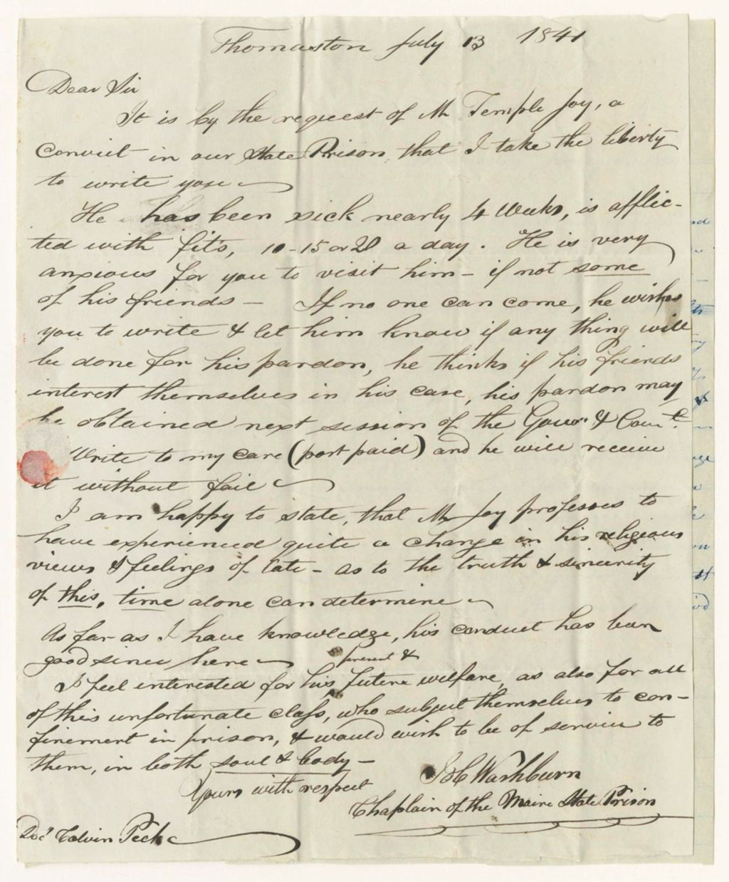 Miniature of Certificates of Job Washburn, Chaplain, and John O'Brien, Warden, on the conduct of Temple Joy in the State Prison