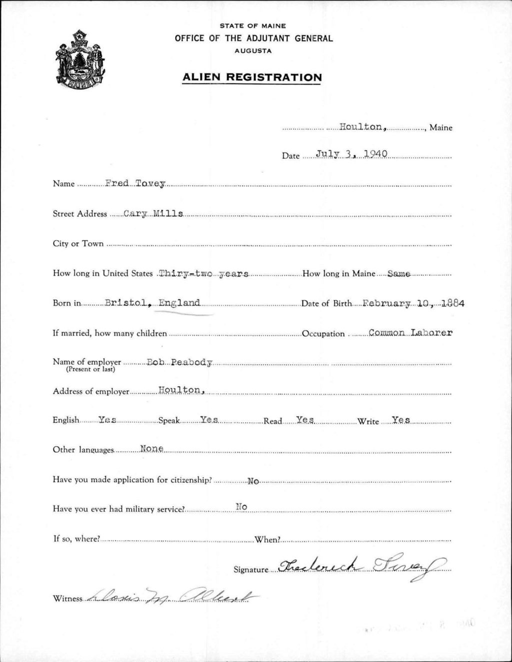 Miniature of Alien Registration- Tovey, Fred (Houlton, Aroostook County)