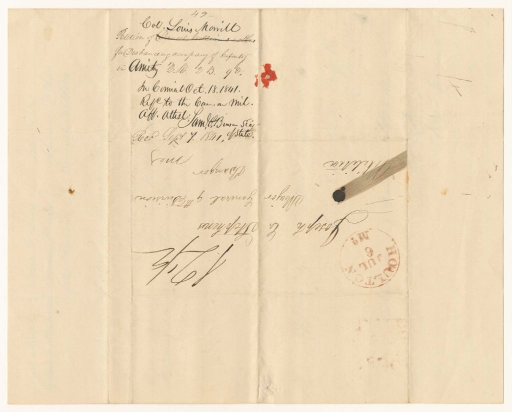 Miniature of Petition of Colonel L. Morrill for Disbanding a Company of Infantry in Amity, 3rd Regiment, 2nd Brigade, 9th Division