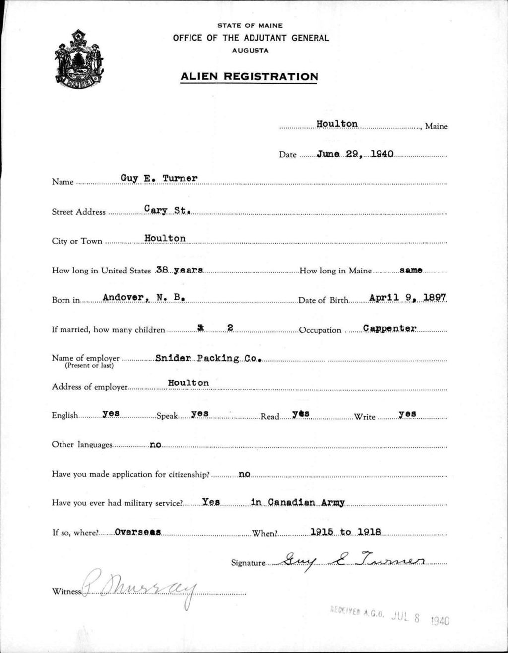 Miniature of Alien Registration- Turner, Guy E. (Houlton, Aroostook County)