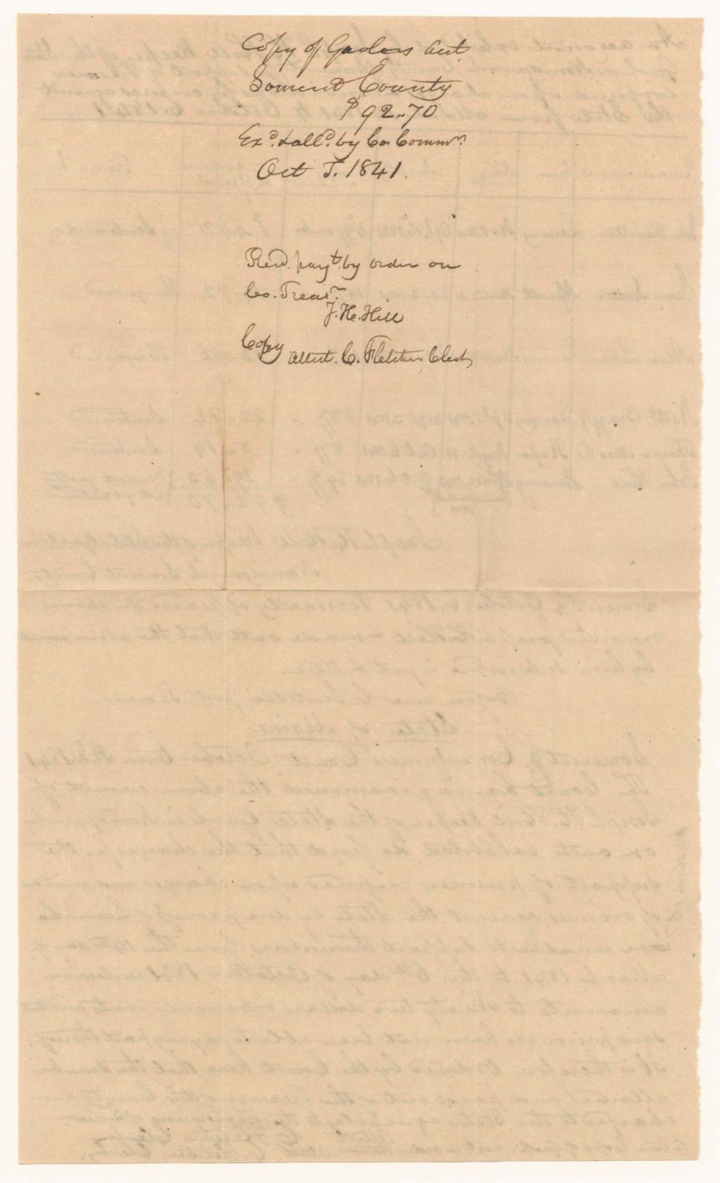 Miniature of Account exhibited by Joseph H. Hill, Keeper of the States Gaol in Norridgewock, County of Somerset, for support of prisoners confined upon charges and convictions for crimes against the State from March 14th 1841 to October 6th 1841