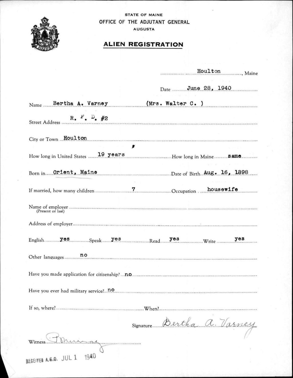 Miniature of Alien Registration- Varney, Bertha A. (Houlton, Aroostook County)