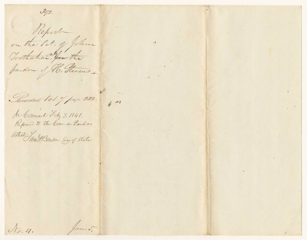 Miniature of Report 392: Report on the Petition of John Toothaker and others for the pardon of H. Stevens