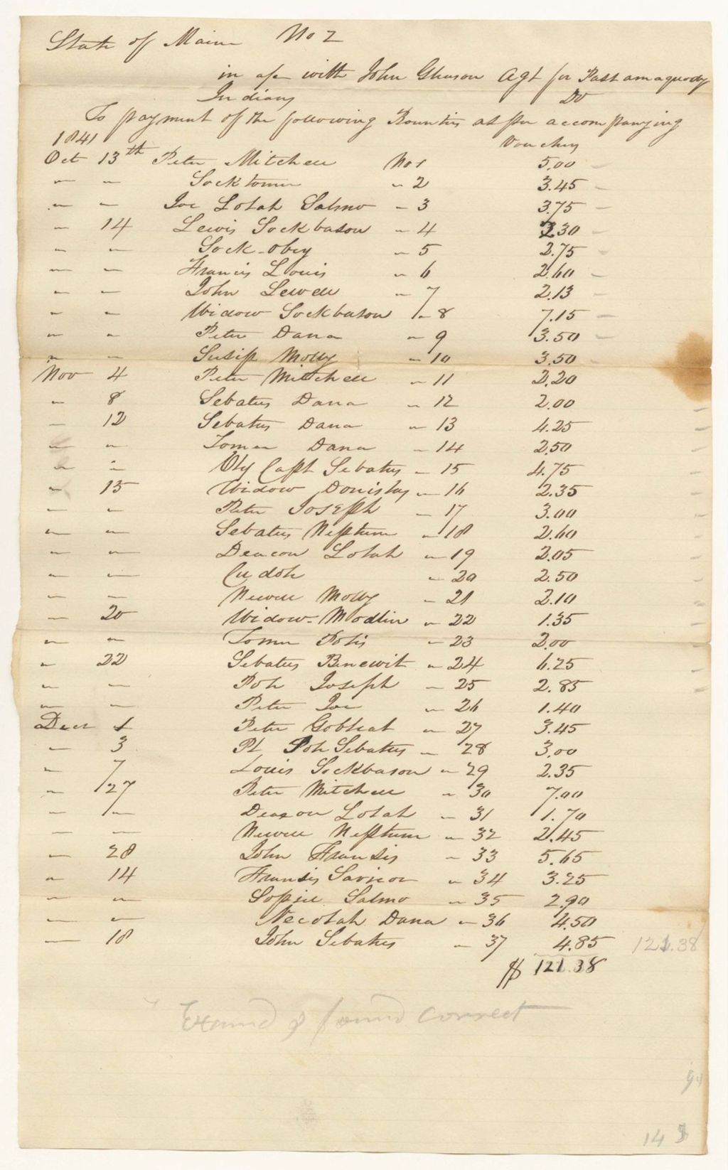 Miniature of Account No. 2 of John Gleason, Agent of the Passamaquoddy Tribe, for payment of bounties