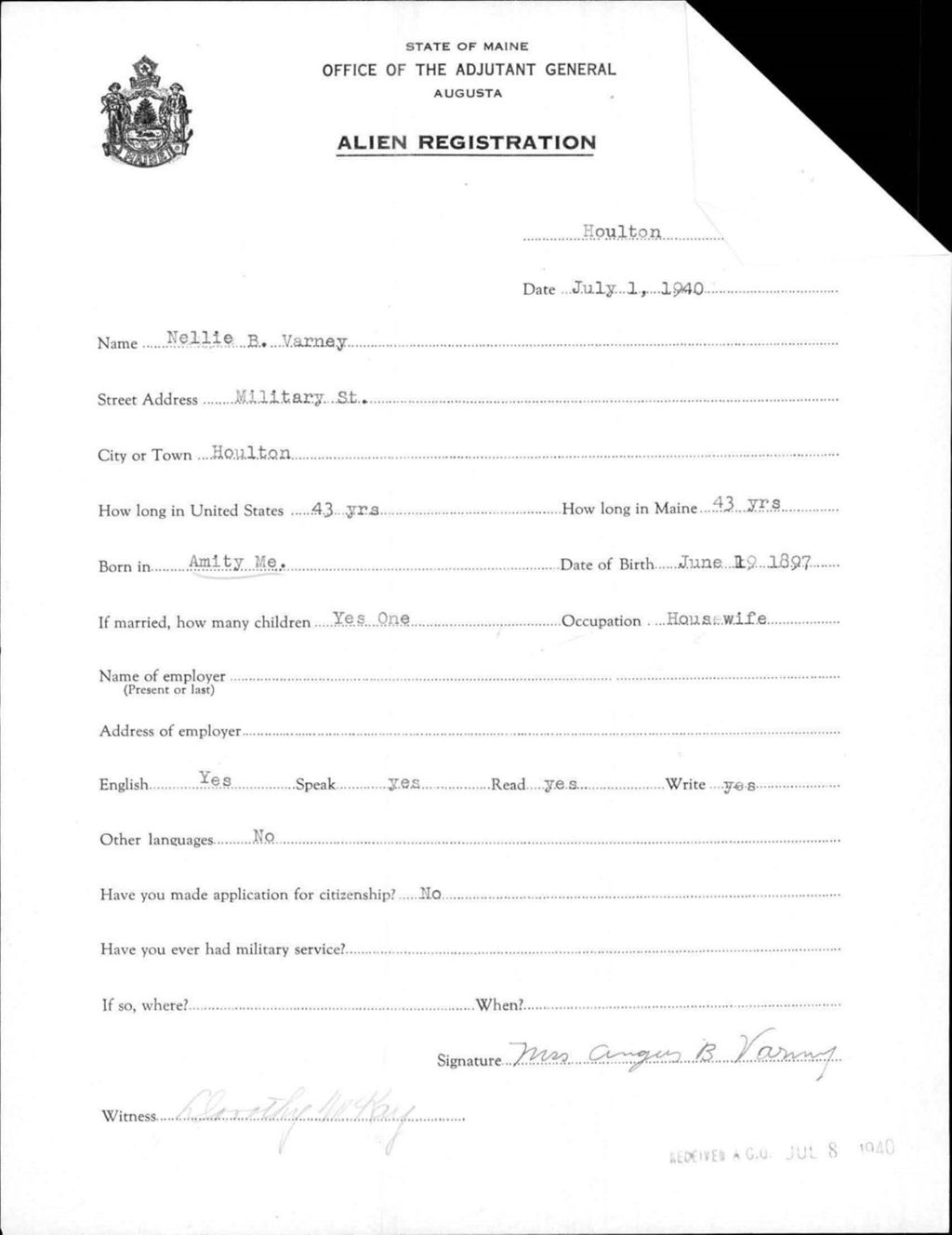 Miniature of Alien Registration- Varney, Nellie B. (Houlton, Aroostook County)