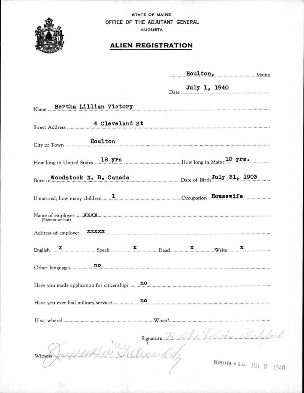 Miniature of Alien Registration- Victory, Bertha L. (Houlton, Aroostook County)