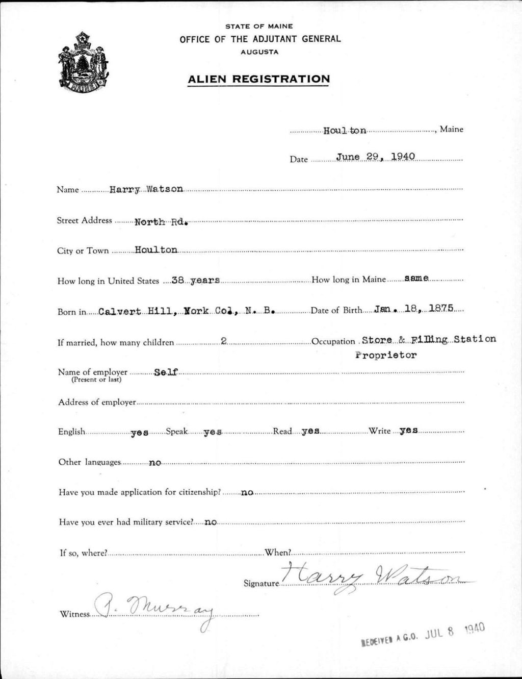 Miniature of Alien Registration- Watson, Harry (Houlton, Aroostook County)