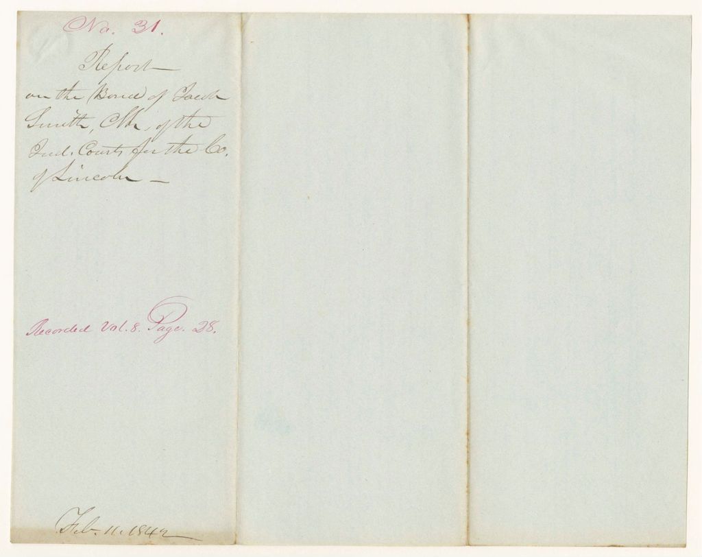 Miniature of Report 31: Report on the Bond of Jacob Smith, Clerk of the Judicial Courts for the County of Lincoln