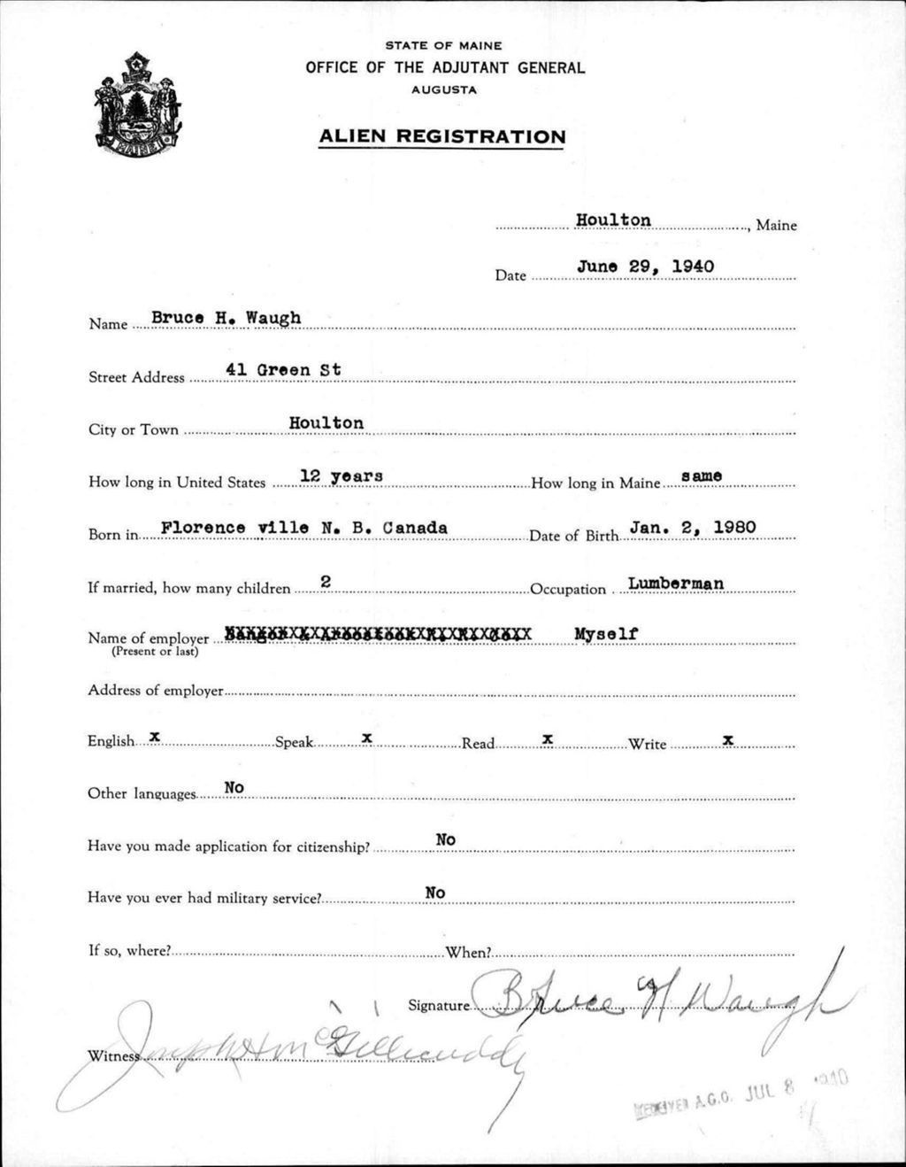 Miniature of Alien Registration- Waugh, Bruce H. (Houlton, Aroostook County)