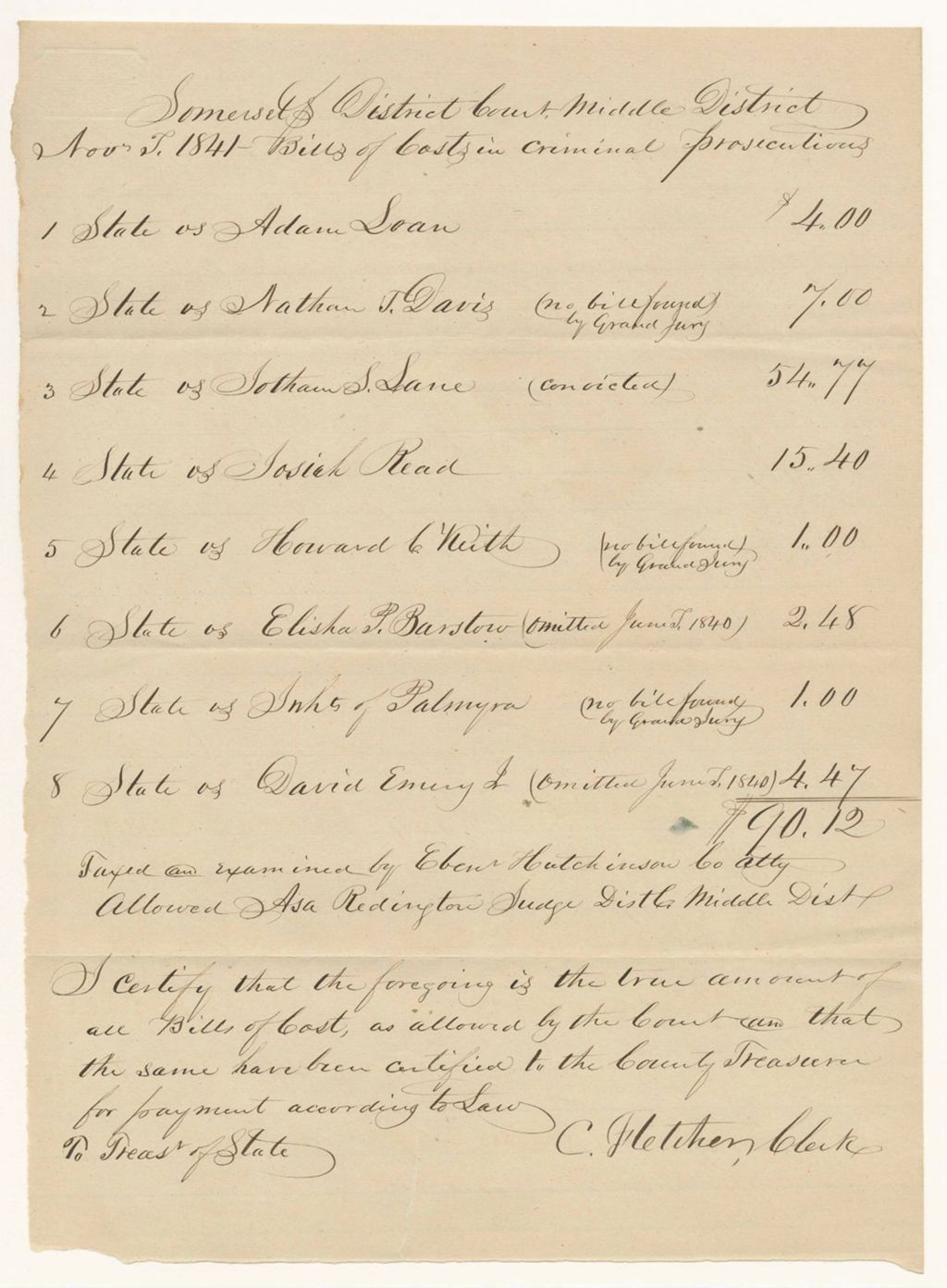 Miniature of Bills of Cost at the District Court for the Middle District in Somerset County, November Term 1841