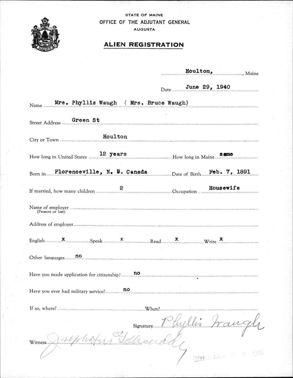 Miniature of Alien Registration- Waugh, Phyllis (Houlton, Aroostook County)