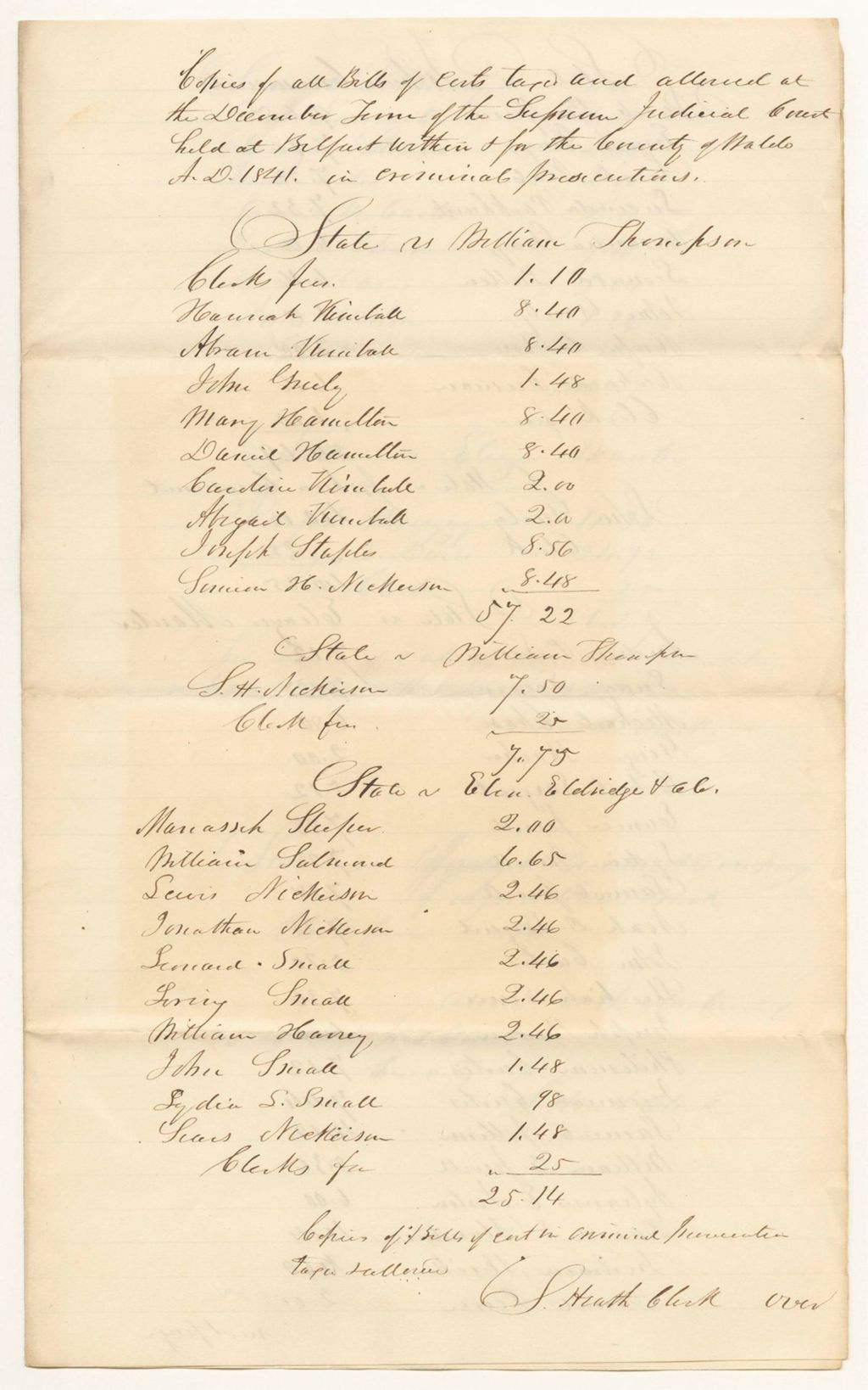 Miniature of Bills of Cost at the Supreme Judicial Court in Waldo County, December Term 1841