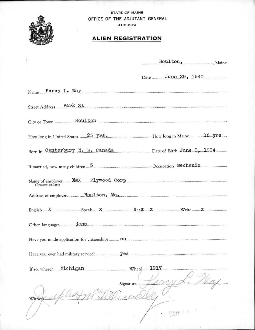 Miniature of Alien Registration- Way, Percy L. (Houlton, Aroostook County)