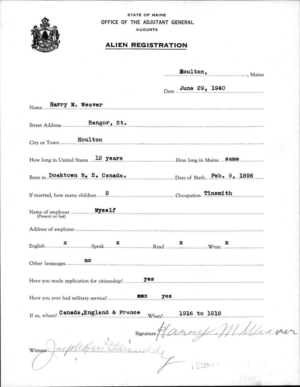 Miniature of Alien Registration- Weaver, Harry M. (Houlton, Aroostook County)