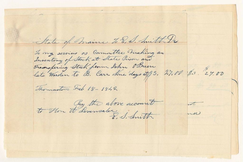 Miniature of E.S. Smith, E.B. Lermond, and J.D. Barnard's bills for services as committee making an inventory of stock at the State Prison