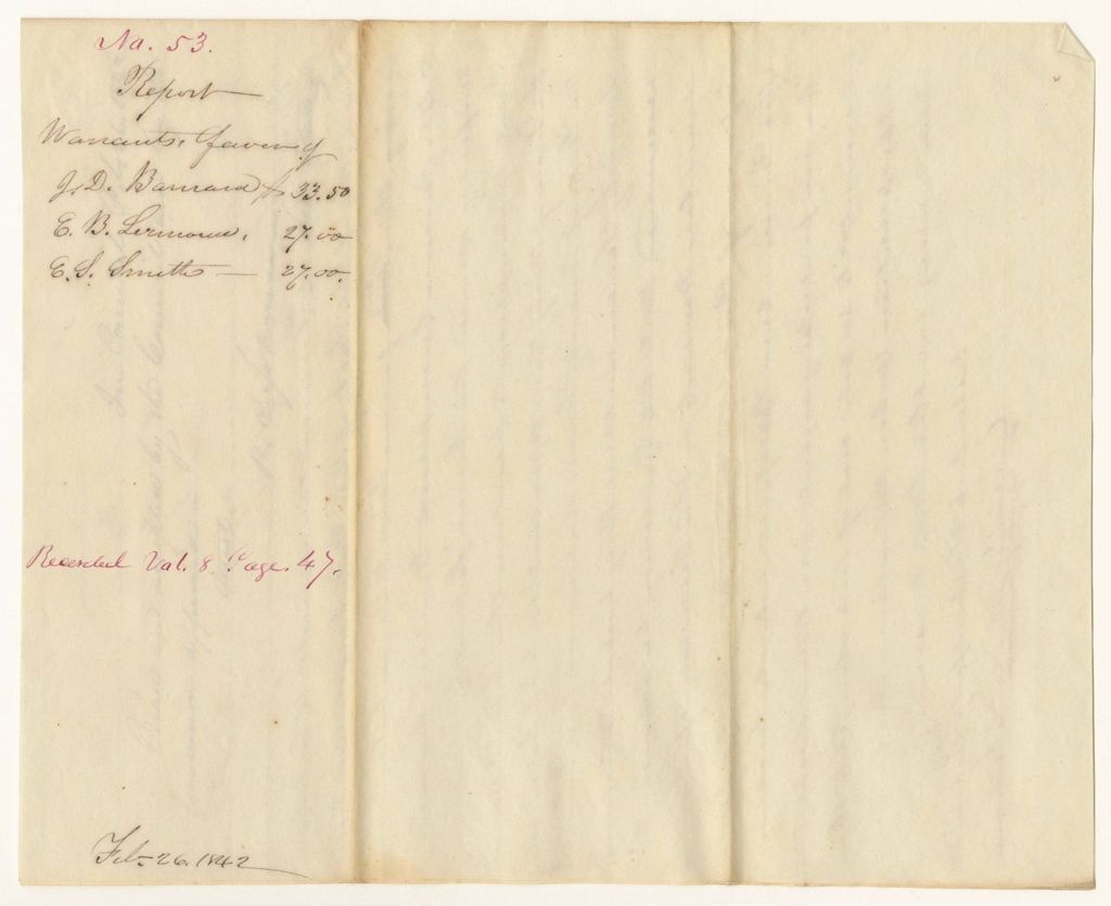 Miniature of Report 53: Report - Warrants in Favor of J.D. Barnard, E.B. Lermond, E.S. Smith