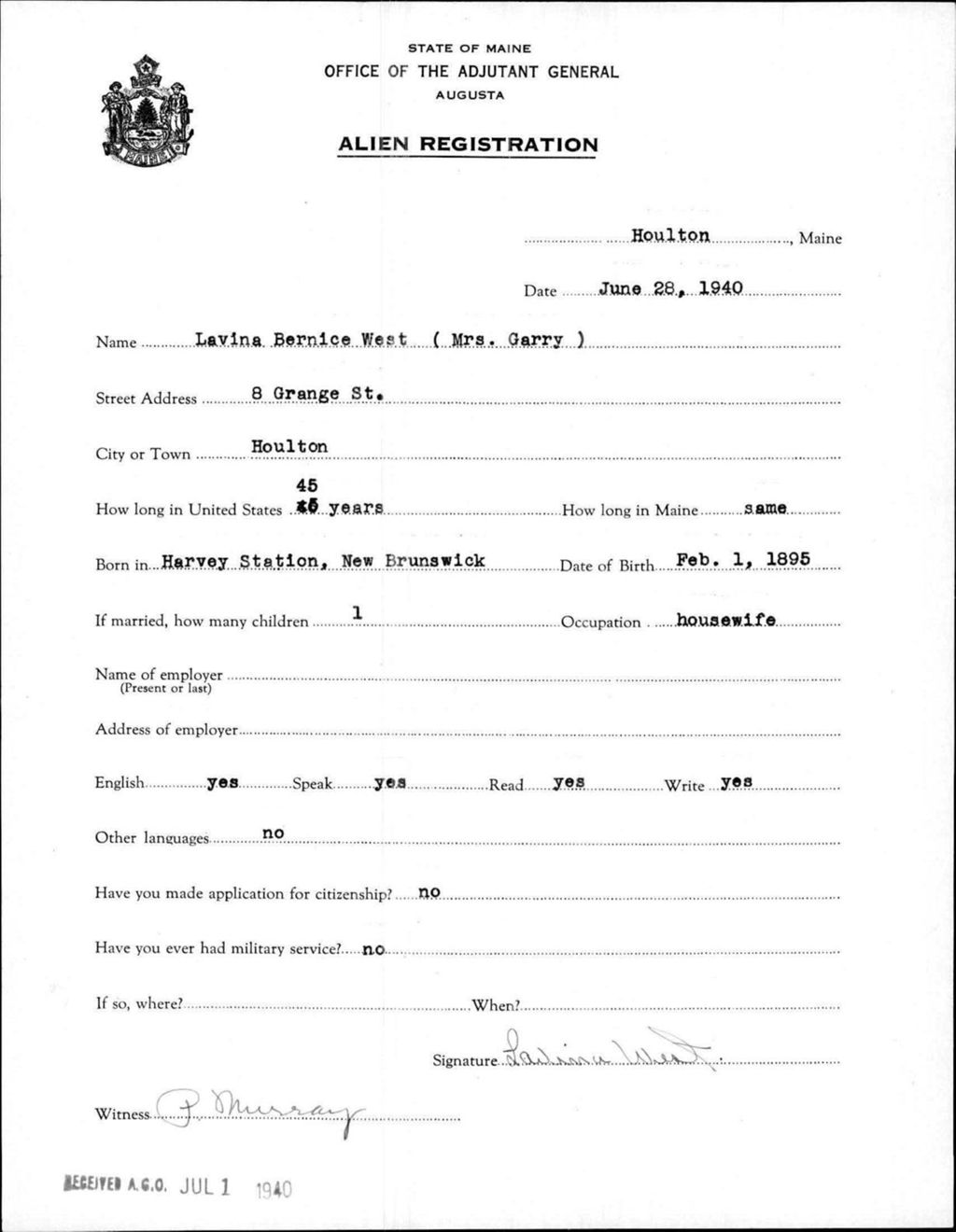 Miniature of Alien Registration- West, Lavina B. (Houlton, Aroostook County)