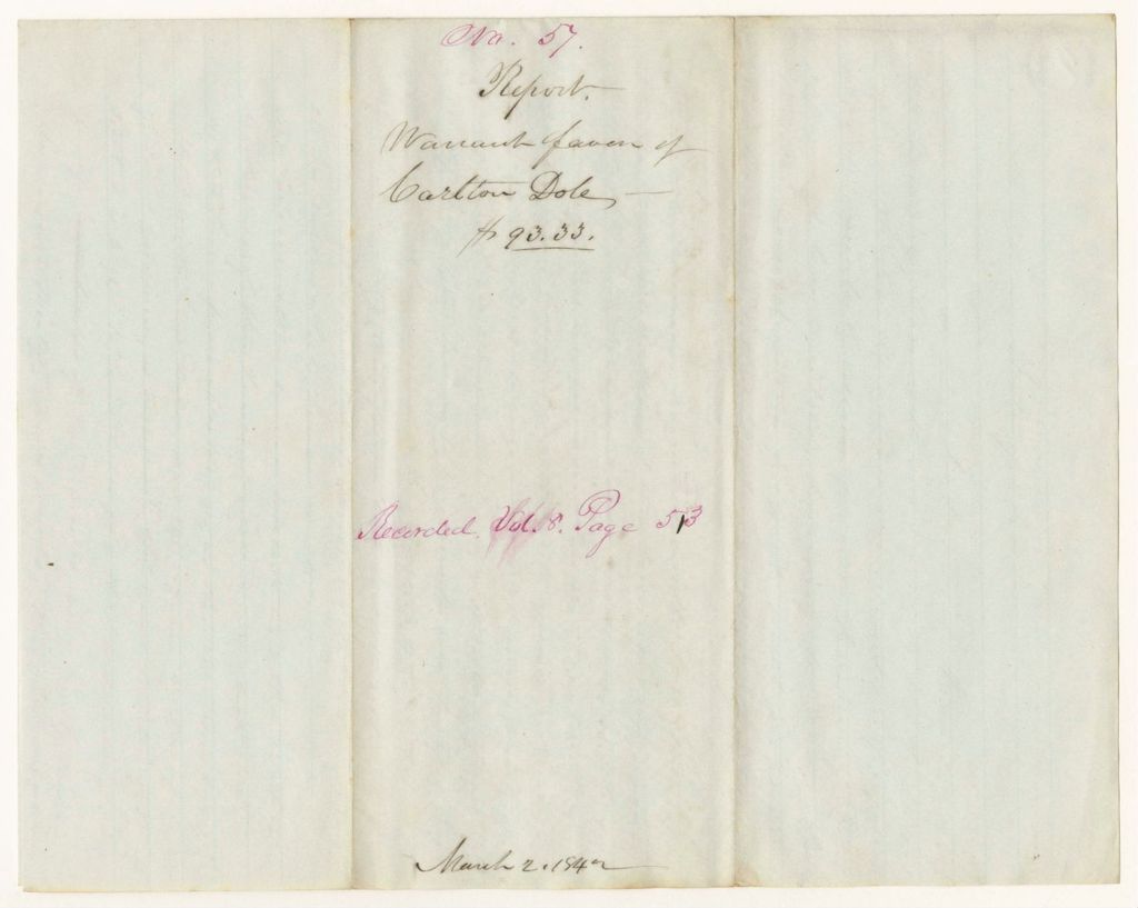 Miniature of Report 57: Report - Warrant in Favor of Carlton Dole