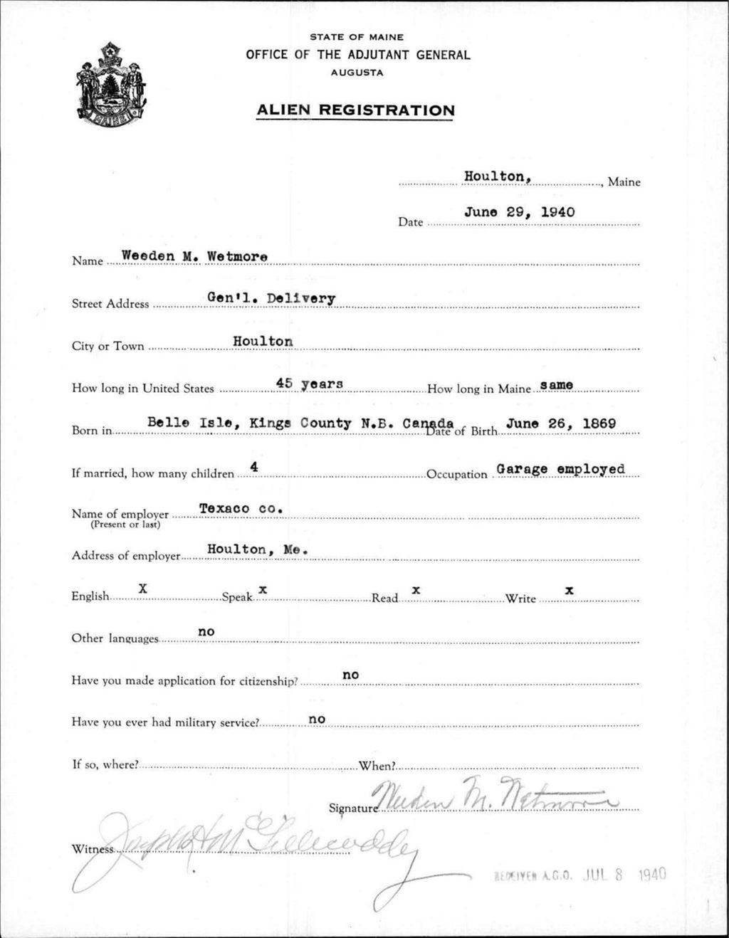 Miniature of Alien Registration- Wetmore, Weeden M. (Houlton, Aroostook County)