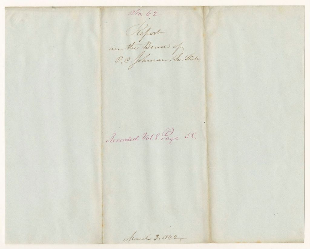 Miniature of Report 62: Report on the Bond of P.C. Johnson, Secretary of State