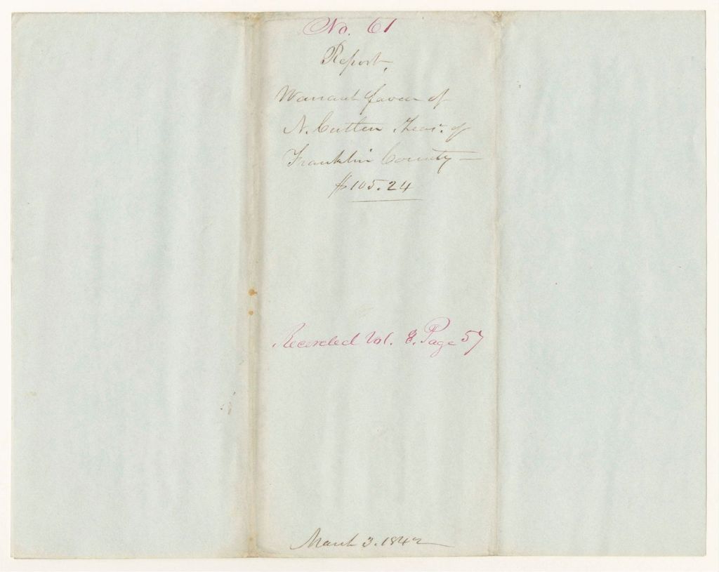 Miniature of Report 61: Report - Warrant in Favor of Nathan Cutler, Treasurer of Franklin County