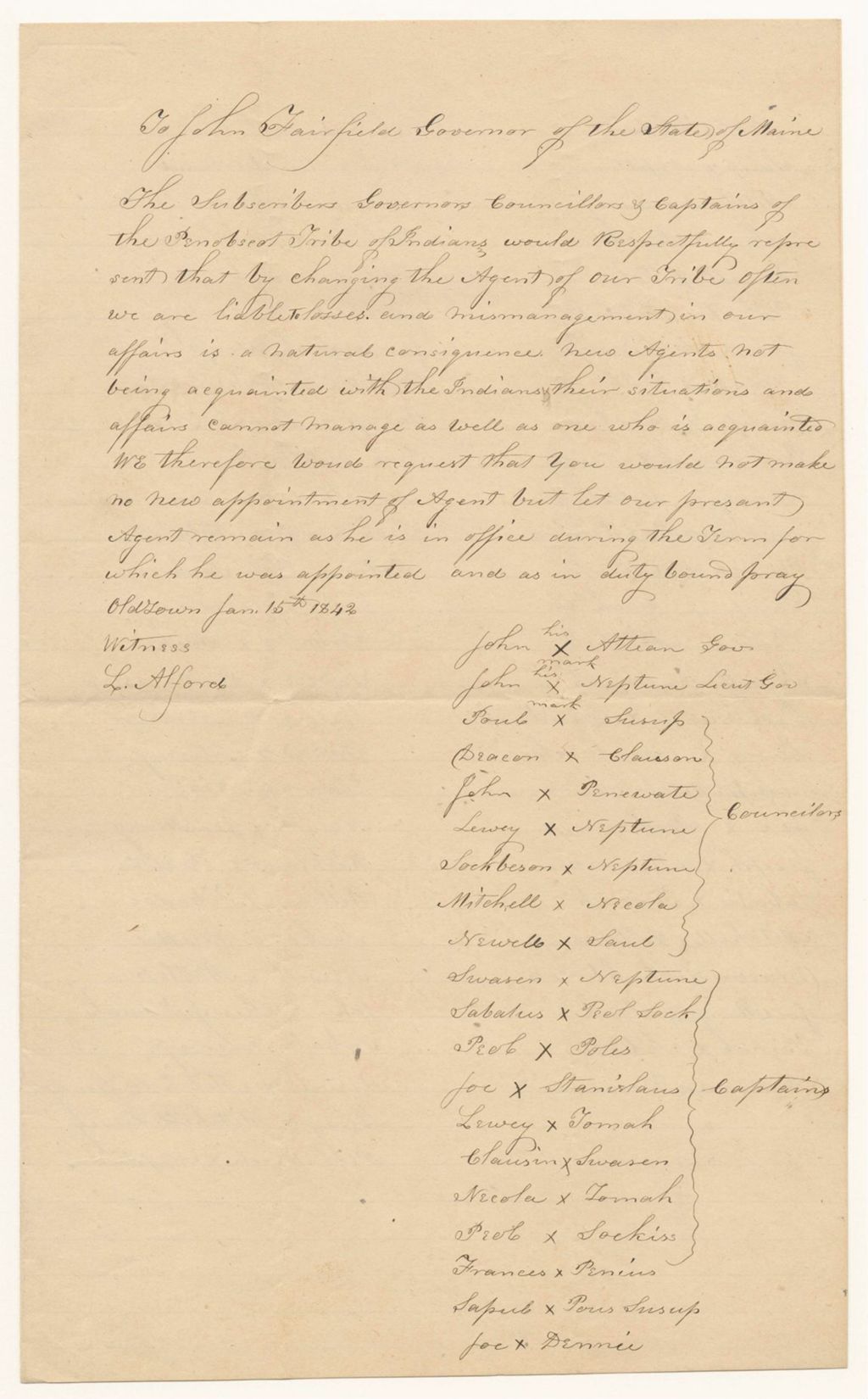 Miniature of Petition of John Attean and others, members of the Penobscot Tribe, to keep their current Agent
