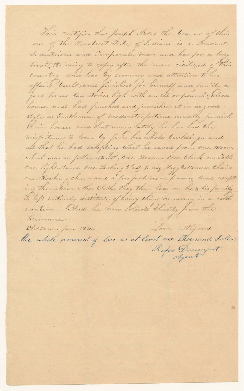 Miniature of Letter from Lore Alfred, relating to the petition of Joseph Polis for funds to rebuild his home