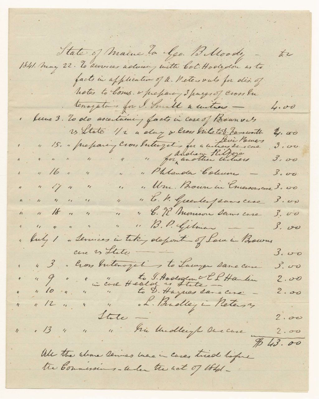 Miniature of Account of George B. Moody, for services in cases before the Commissioner in Bangor