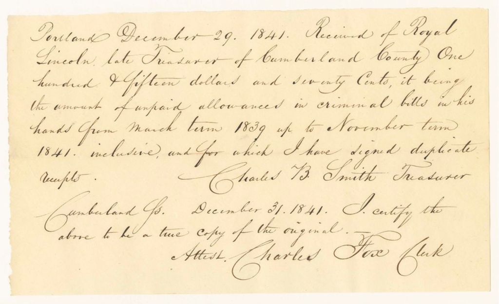 Miniature of Royal Lincoln's receipt for unpaid allowances in criminal bills from March 1839 to November 1841