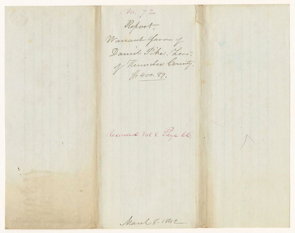 Miniature of Report 72: Report - Warrant in Favor of Daniel Pike, Treasurer of Kennebec County