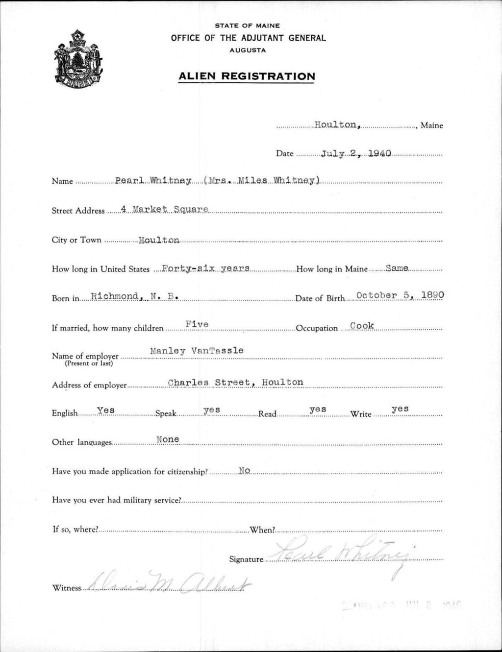Miniature of Alien Registration- Whitney, Pearl (Houlton, Aroostook County)