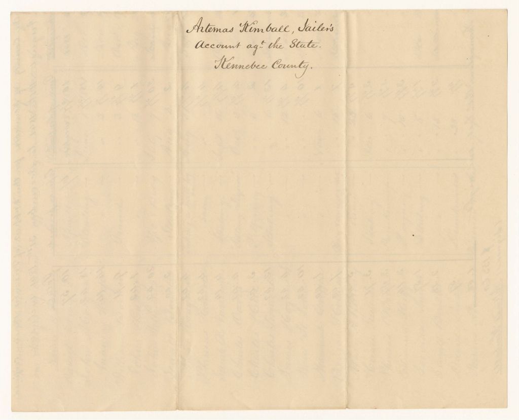Miniature of Account exhibited by Artemas Kimball, Keeper of the Prison for the County of Kennebec for the support of Prisoners therein confined on charges of crimes or offences against the State from August 11th to December 31st 1841 inclusive