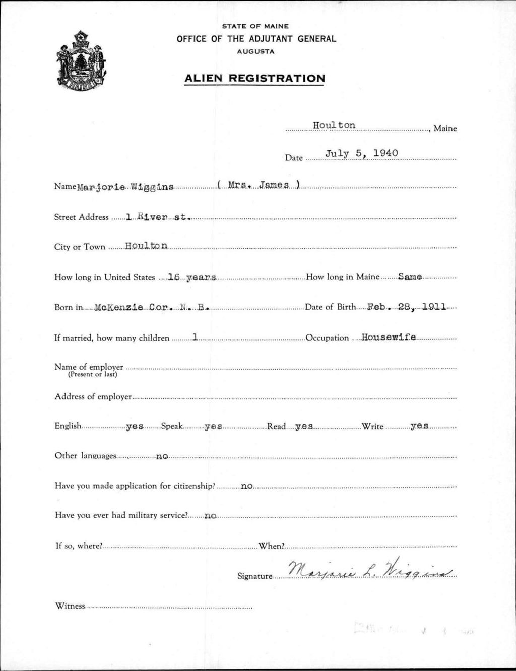 Miniature of Alien Registration- Wiggins, Marjorie (Houlton, Aroostook County)
