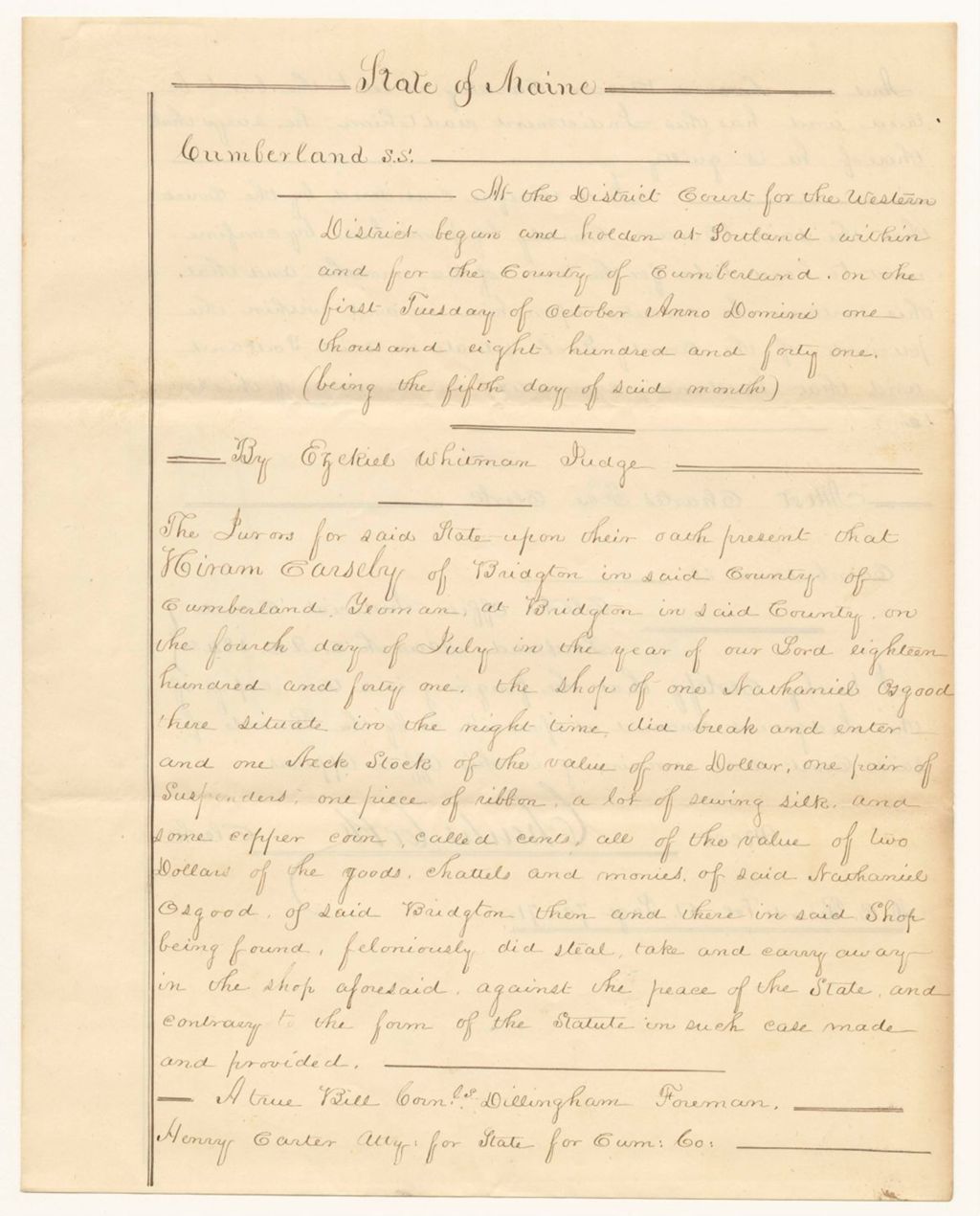 Miniature of Copy of Judgement in State v. Hiram Carsley