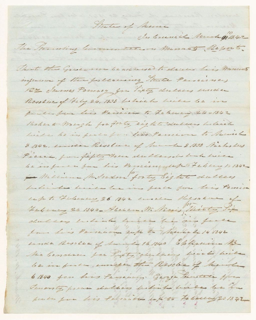 Miniature of Report 91: Reports - Warrants in Favor of James Pomeroy, Robert Waugh, Nicholas Pierce, William M. Gordon, Alden W. Norns, Ephraim B. McCondra, George Sawtell, and Daniel Brown