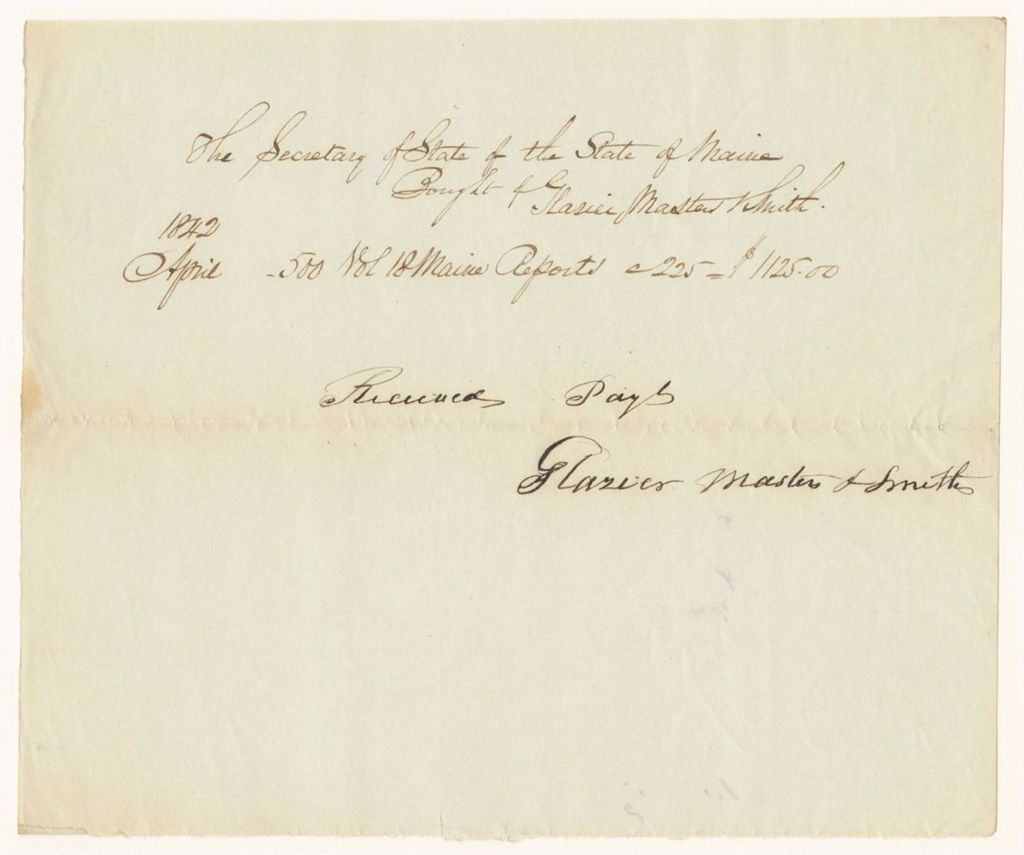 Miniature of Glazier, Masters, and Smith's receipt for 500 copies of Volume 18 of the Maine Reports